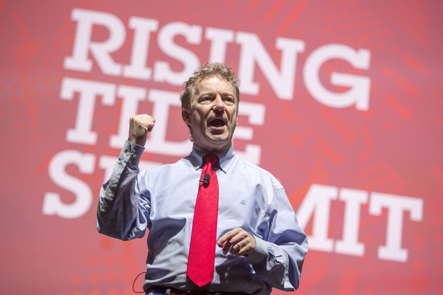 Republican presidential candidate Sen. Rand Paul, R-Ky., speaks Saturday, Dec. 5, 2015, during the Rising Tide Summit at the US Cellular Center in Cedar Rapids, Iowa. (AP Photo/Scott Morgan)
