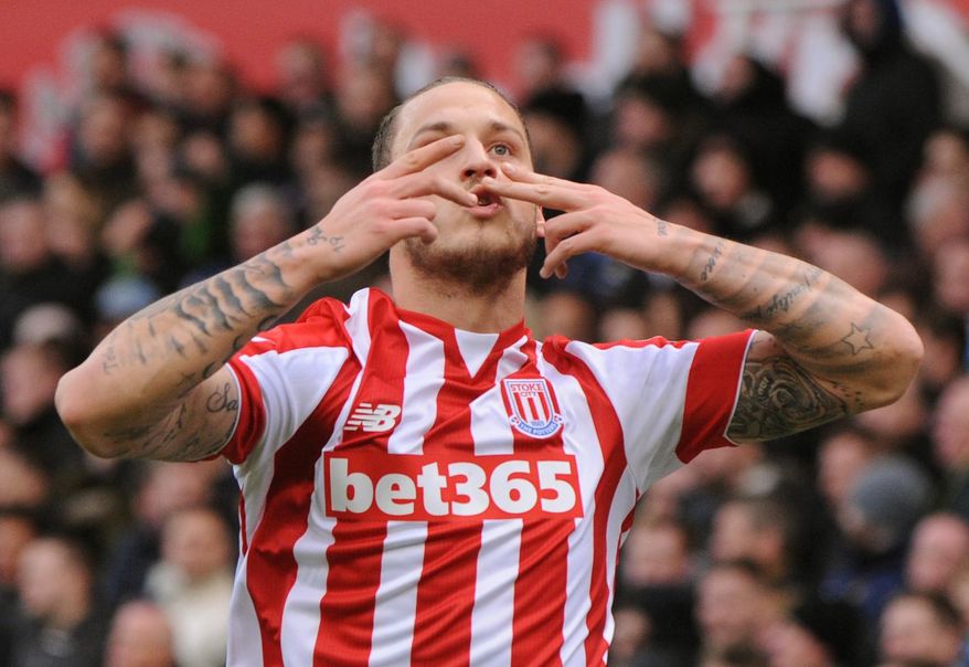 Stoke’s Marko Arnautovic celebrates after scoring his second goal against Manchester City during the English Premier League soccer match between Stoke City and Manchester City at the Britannia Stadium, Stoke on Trent, England, Saturday, Dec. 5, 2015. (AP Photo/Rui Vieira)