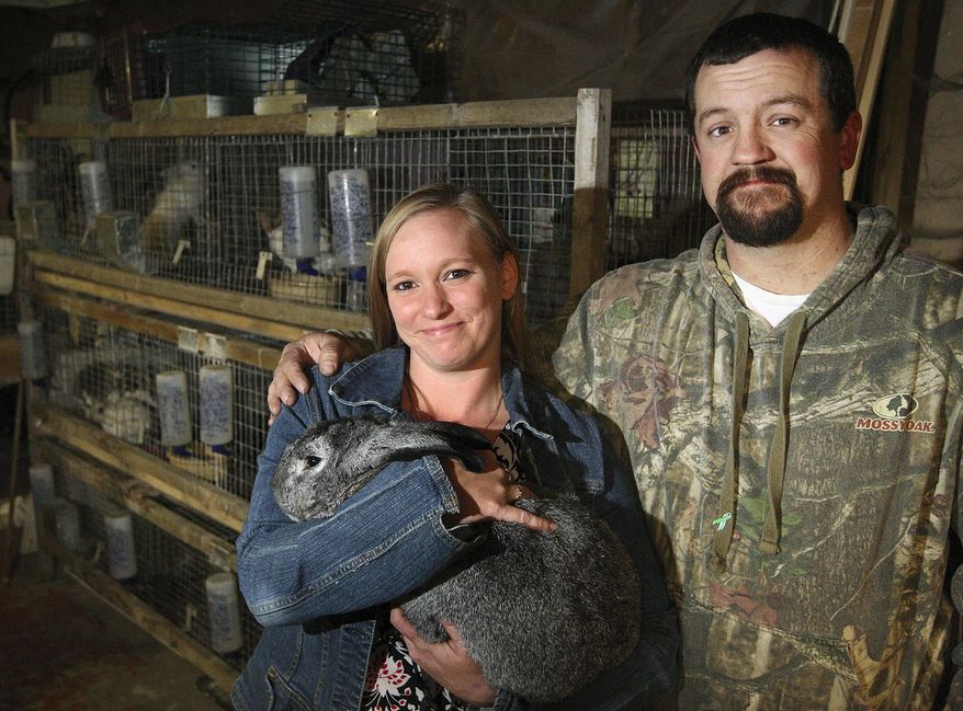 In this Nov. 9, 2015 photo, Chelsea and Scott Cuttill pose for a photo inside Thumping Trails Rabbitry, the rabbit breeding business they started two years ago in Boody, Ill. (Jim Bowling/Herald & Review via AP)