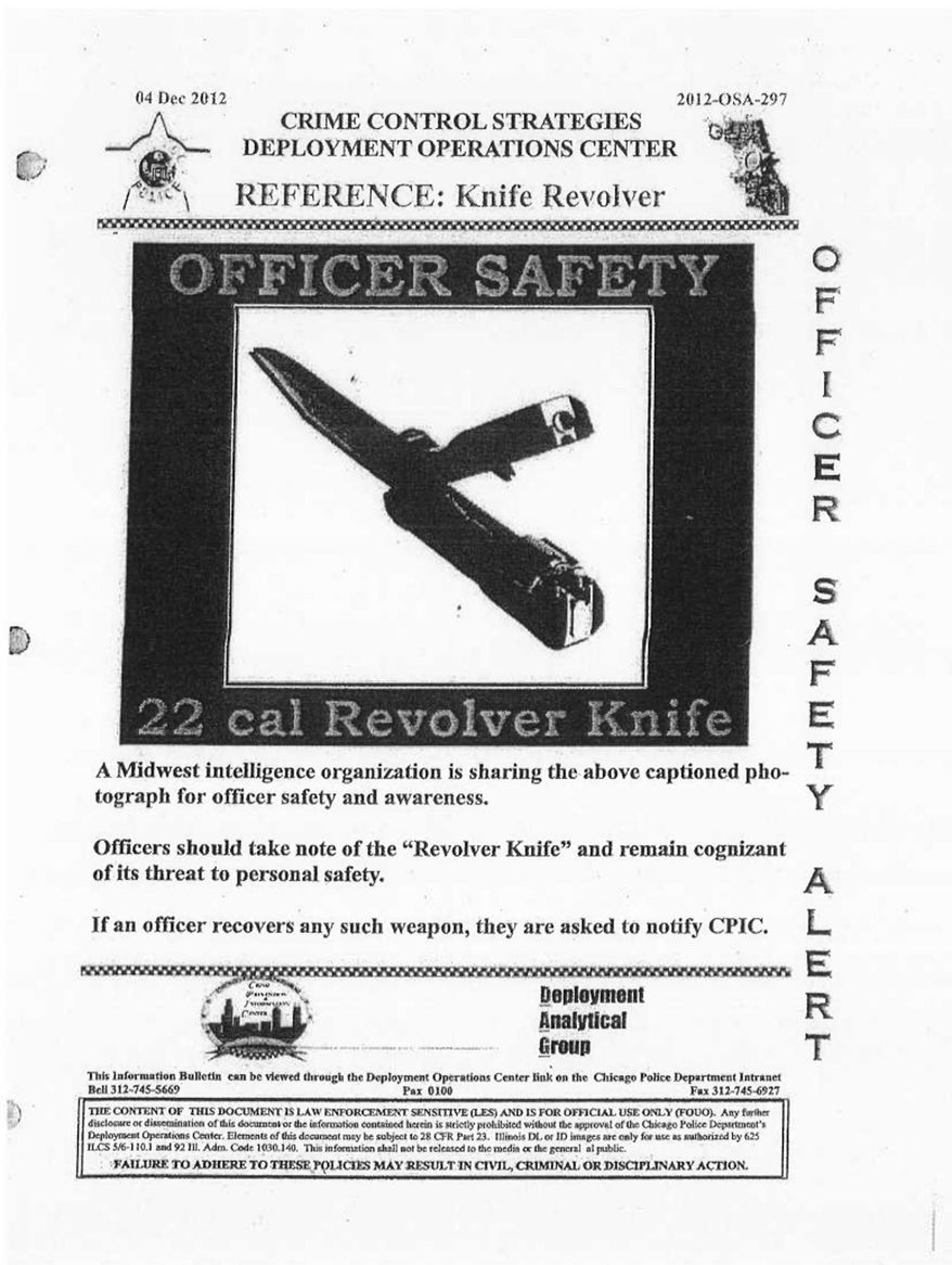 This image provided by the Chicago Police Department shows an officer safety alert flyer the department issued in 2012 regarding a knife that's really a gun. On Friday, Dec. 4, 2015, the city of Chicago released more than 300 pages of police reports into the shooting death of Laquan McDonald by Officer Jason Van Dyke. Tucked into the reports is the December 2012 bulletin that warns officers about a "revolver knife," as well as a mention that Van Dyke remembered the bulletin. (Courtesy of the Chicago Police Department via AP)