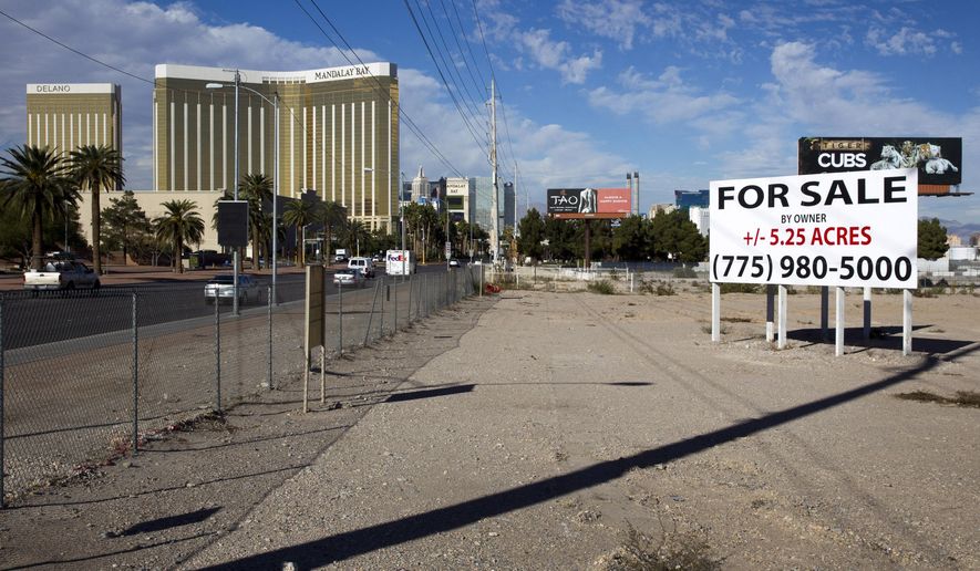 This Monday, Nov. 23, 2015 photo shows a sign of land for sale in the south Strip of Las Vegas Boulevard. Development in the south Strip likely will happen "at some point," but for now, investors are largely concentrating on the north Strip, said real estate broker John Knott, an executive vice president with CBRE Group and head of its global gaming group. (Steve Marcus/Las Vegas Sun via AP) MANDATORY CREDIT