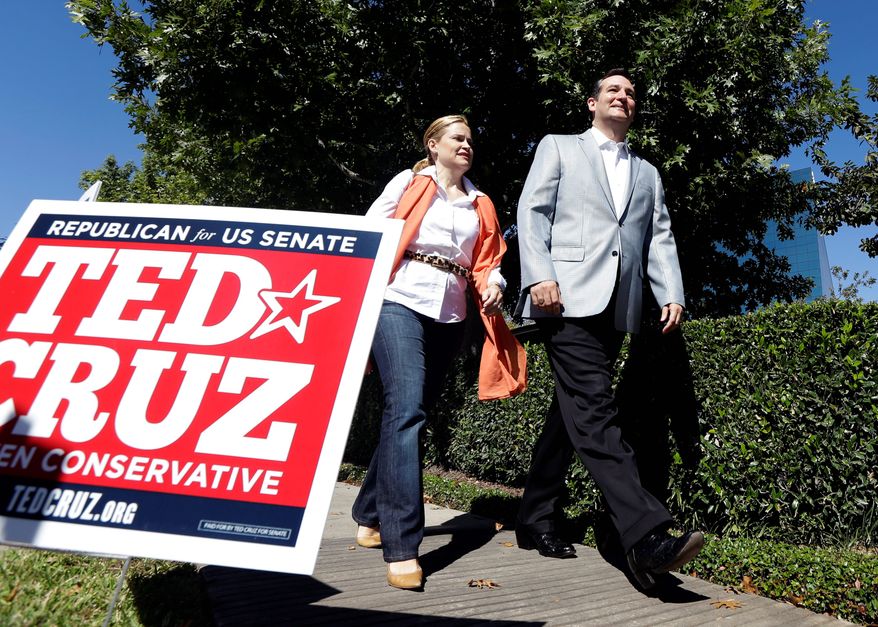 Republican candidate for U.S. Senate Ted Cruz and his wife Heidi arrive outside a polling location to talk with the media Tuesday, Nov. 6, 2012, in Houston. Cruz is running against Democrat Paul Sadler to replace retiring U.S. Sen. Kay Bailey Hutchison. (AP Photo/David J. Phillip)