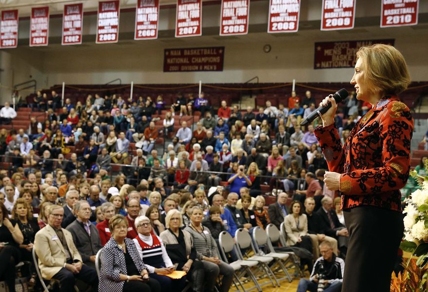 ADVANCE FOR THE WEEKEND OF DEC. 5-6 AND THEREAFTER - In a Friday, Oct. 30, 2015 photo, Republican presidential hopeful Carly Fiorina speaks during a forum at Northwestern College in Orange City, Iowa. Vote totals approach 90 percent Republican in Sioux County, making it the most Republican county in the state, said Jeff Taylor, a professor at Dordt College in Sioux Center. (Jim Lee, Sioux City Journal via AP)