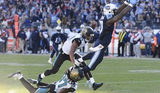 Tennessee Titans wide receiver Dorial Green-Beckham (17) gets past Jacksonville Jaguars defenders Johnathan Cyprien (37) and Dwayne Gratz (27) as Green-Beckham scores a touchdown on a 47-yard pass play in the second half of an NFL football game Sunday, Dec. 6, 2015, in Nashville, Tenn. (AP Photo/Mark Zaleski)