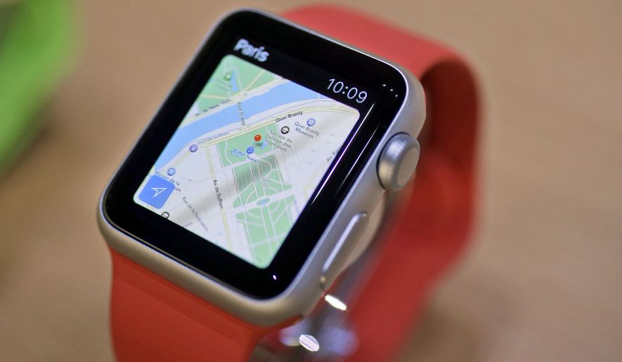 FILE - In this March 9, 2015, file photo, the Apple Maps app is displayed on an Apple Watch during an event in San Francisco. Apple Maps quickly became the butt of jokes when it debuted in 2012. After Apple fixed errors as users submitted them, Apple Maps is now used more widely than Google Maps on iPhones. (AP Photo/Eric Risberg, File)