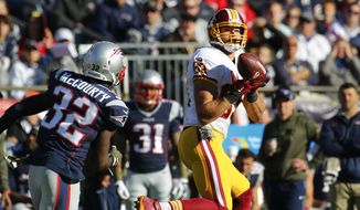 Washington Redskins tight end Derek Carrier reaches for a pass against the New England Patriots during a NFL football game at Gillette Stadium in Foxborough, Mass. Sunday Nov. 8, 2015. (Winslow Townson/AP Images for Panini)