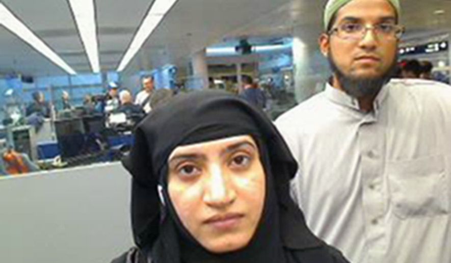 FILE - This July 27, 2014 file photo provided by U.S. Customs and Border Protection shows Tashfeen Malik, left, and Syed Farook, as they passed through O&#39;Hare International Airport in Chicago. The husband and wife died on Dec. 2, 2015, in a gun battle with authorities several hours after their assault on a gathering of Farook&#39;s colleagues in San Bernardino, Calif. (U.S. Customs and Border Protection via AP, File)