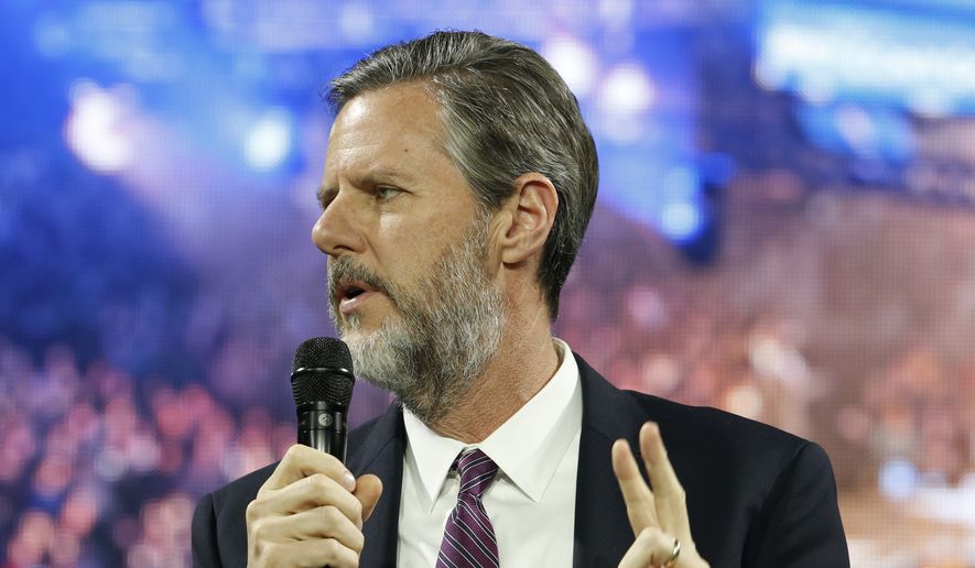 This Wednesday, Nov. 11, 2015, file photo, shows Liberty University President Jerry Falwell Jr., as he introduces Republican presidential candidate Dr. Ben Carson at Liberty University, in Lynchburg, Va. (AP Photo/Steve Helber) ** FILE **
