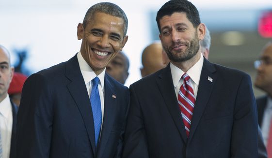 President Barack Obama stands with House Speaker Paul Ryan of Wis. in Emancipation Hall on Capitol Hill in Washington, Wednesday, Dec. 9, 2015, during an event to celebrate the 150th anniversary of the 13th amendment that abolished slavery. (Associated Press) **FILE**