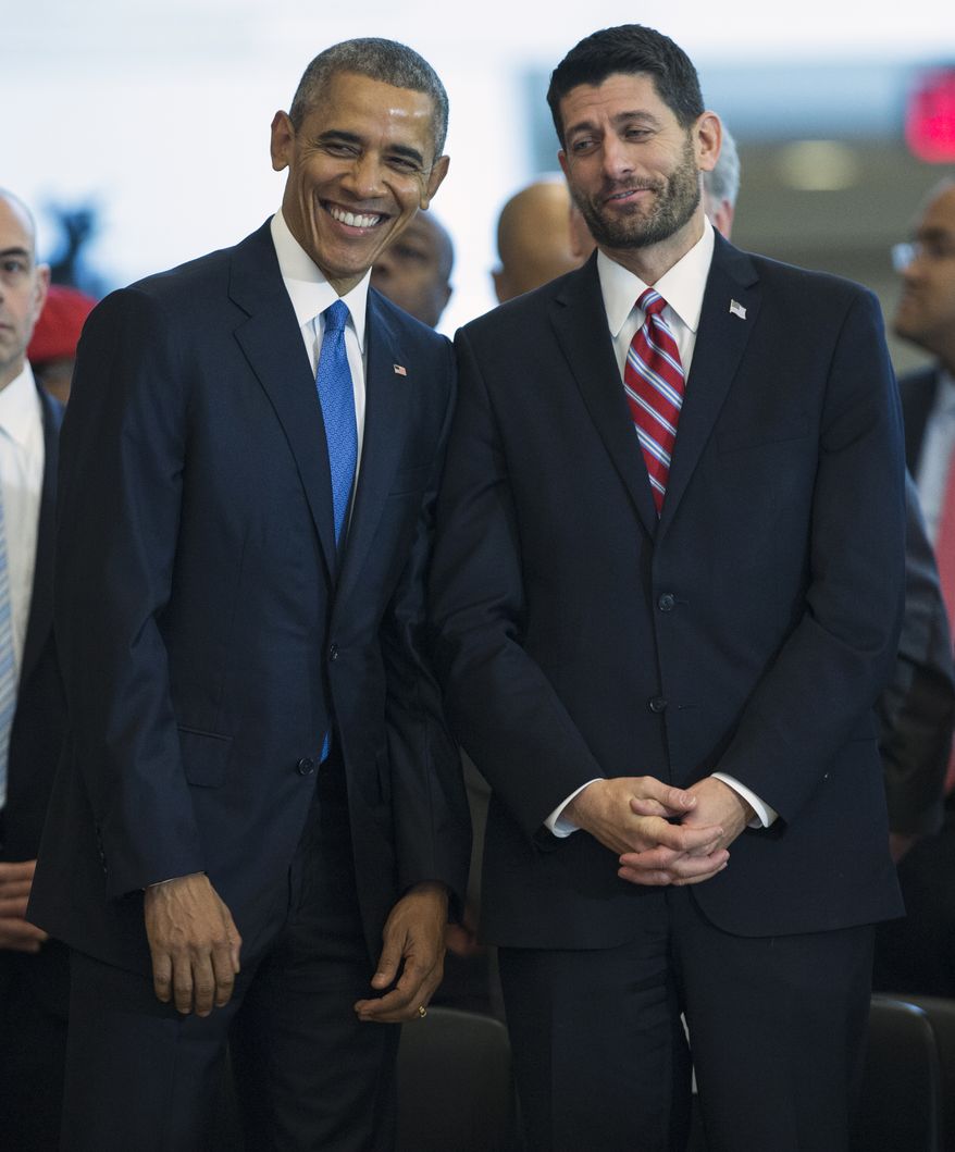 President Barack Obama stands with House Speaker Paul Ryan of Wis. in Emancipation Hall on Capitol Hill in Washington, Wednesday, Dec. 9, 2015, during an event to celebrate the 150th anniversary of the 13th amendment that abolished slavery. (Associated Press) **FILE**