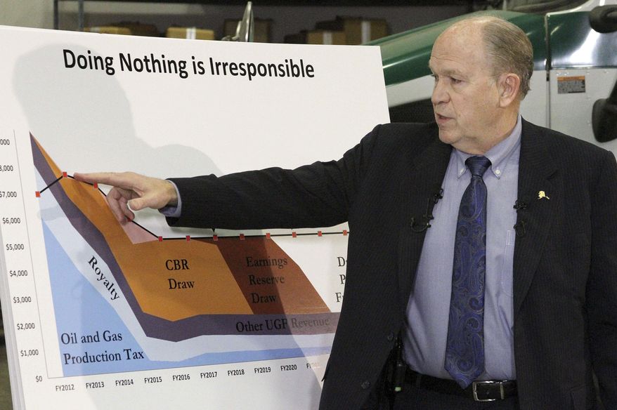 Alaska Gov. Bill Walker speaks at a news conference on Wednesday, Dec. 9, 2015, in Anchorage, Alaska. Walker unveiled his plan to close a $3.5 billion gap in the state budget, including instituting a state income tax for the first time since 1980. (AP Photo/Mark Thiessen)