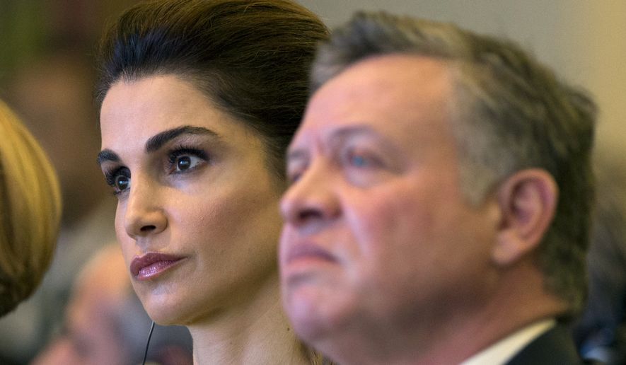 King Abdullah II of Jordan, right, and his wife Queen Rania sit during the Mediterranean Dialogues Conference Forum, in Rome, Thursday, Dec. 10, 2015. (AP Photo/Andrew Medichini) ** FILE **
