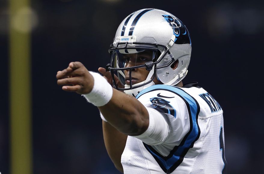 FILE- In this Dec. 6, 2015, file photo, Carolina Panthers quarterback Cam Newton (1) reacts in the first half of an NFL football game against the New Orleans Saints in New Orleans. The Panthers will face the Atlanta Falcons on Sunday, Dec. 13, 2015. (AP Photo/Jonathan Bachman, File)