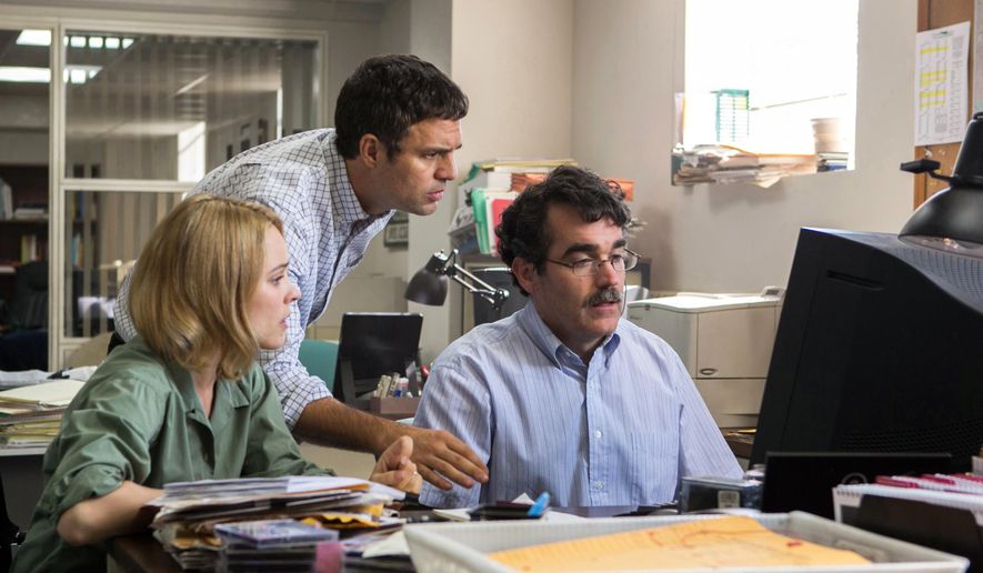 This photo provided by courtesy of Open Road Films shows, Rachel McAdams, from left, as Sacha Pfeiffer, Mark Ruffalo as Michael Rezendes and Brian d’Arcy James as Matt Carroll, in a scene from the film, &quot;Spotlight.&quot; The 73rd annual Golden Globe nominations in film and television categories will be announced Thursday morning, Dec. 10, 2015, in Beverly Hills, Calif.  (Kerry Hayes/Open Road Films via AP)
