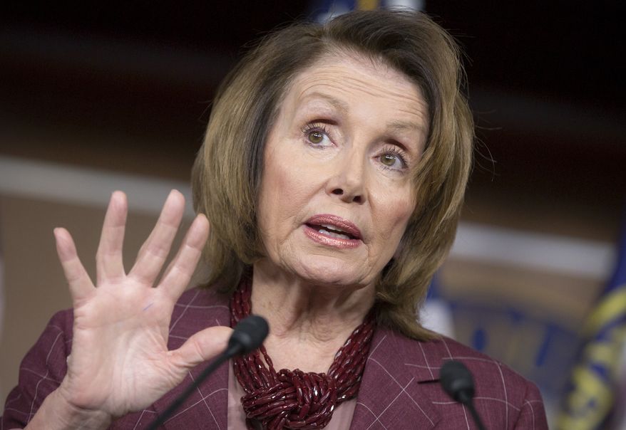 House Minority Leader Nancy Pelosi, California Democrat, updates reporters as Congress works to meet deadlines for funding the government on Capitol Hill on Dec. 11, 2015. (Associated Press) **FILE**