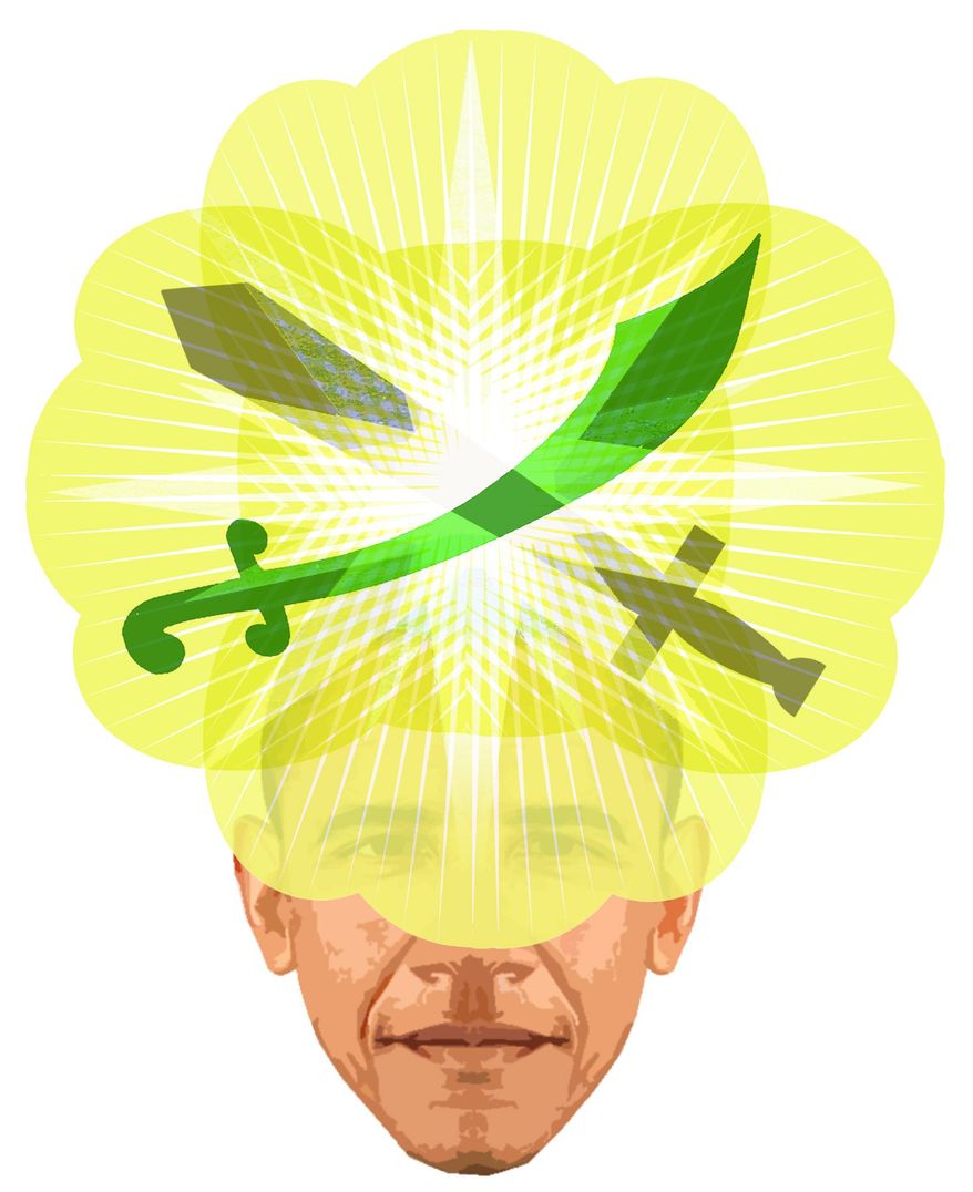 Illustration on Obama’s regard for Koranic prophesy by Alexander Hunter/The Washington Times