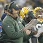 Green Bay Packers head coach Mike McCarthy calls a play during the first half of an NFL football game against the Dallas Cowboys Sunday, Dec. 13, 2015, in Green Bay, Wis. (AP Photo/Morry Gash)