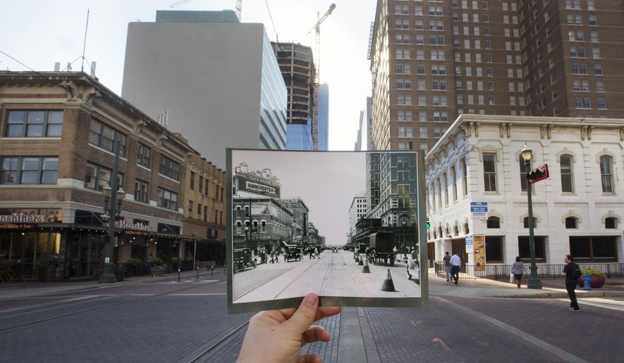 A 1920 photo looking toward Texas Avenue along Main Street is seen juxtaposed with present day, Monday, Dec. 7, 2015, in Houston. Old Spanish Trail, the road in Houston, isn't the Old Spanish Trail, formed a century ago as one of the south's first paved intercity highways for automobiles. Main Street was the original route. At the century mark of the road's beginnings, a conference is hoping to raise awareness of the long-forgotten route from St. Augustine, Fla. to San Diego, in the hopes of having a nationwide celebration in 2029. (Cody Duty/Houston Chronicle)