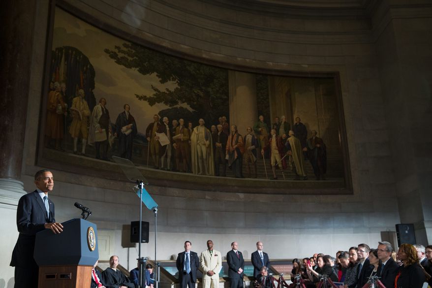 opportunity: President Obama used a naturalization ceremony Tuesday to describe immigration as the nation's oldest tradition and to draw a contrast between those who want to seal borders and those escaping hardships and persecution. (Associated Press)