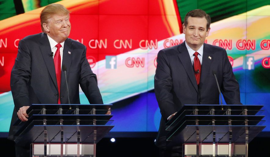 Donald Trump (left) and Ted Cruz react during the CNN Republican presidential debate at the Venetian Hotel &amp; Casino on Tuesday in Las Vegas. (Associated Press)