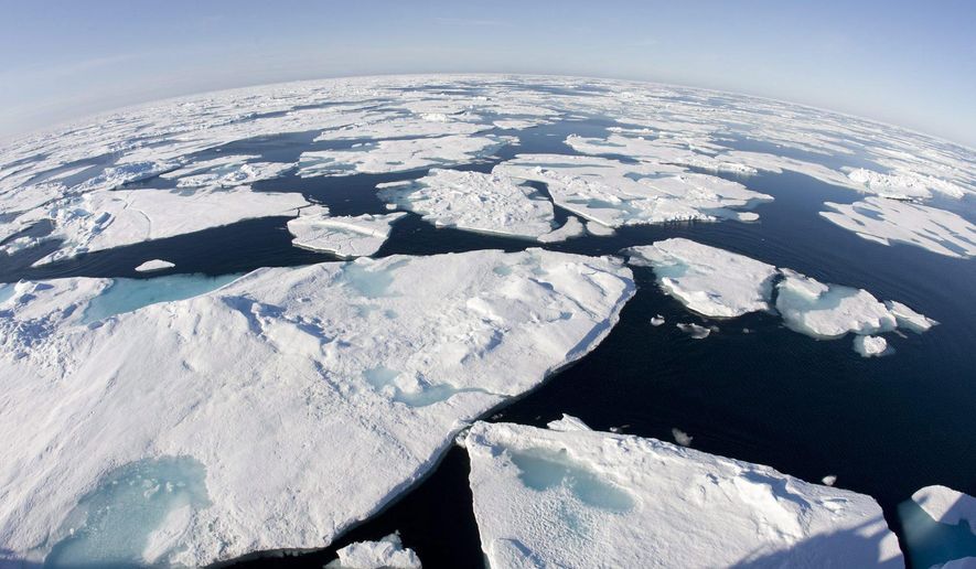 This July 10, 2008, file photo made with a fisheye lens shows ice floes in Baffin Bay above the Arctic Circle, seen from the Canadian Coast Guard icebreaker Louis S. St-Laurent. (AP Photo/The Canadian Press, Jonathan Hayward) ** FILE **
