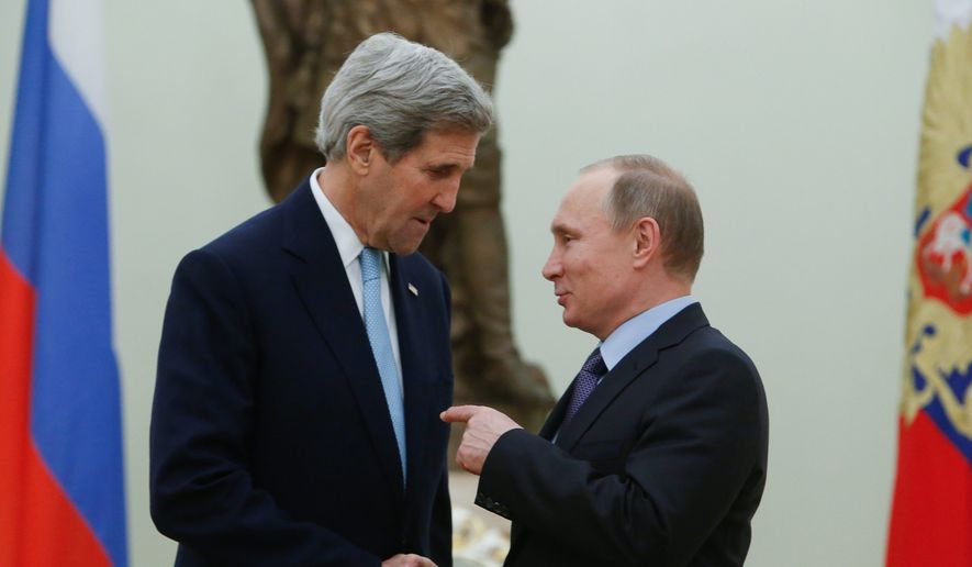 Russian President Vladimir Putin, right, speaks with U.S. Secretary of State John Kerry during their meeting in the Kremlin in Moscow, Russia, Tuesday, Dec. 15, 2015. (Sergei Karpukhin/Pool Photo via AP) ** FILE **