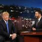 This photo provided by ABC shows guest Republican Presidential candidate Donald Trump, left, with host Jimmy Kimmel, on &amp;#8220;Jimmy Kimmel Live&amp;#8221; on Wednesday, Dec. 16, 2015, in Los Angeles. The ABC show airs every weeknight, 11:35 p.m. - 12:41 a.m., ET. (Randy Holmes/ABC via AP)