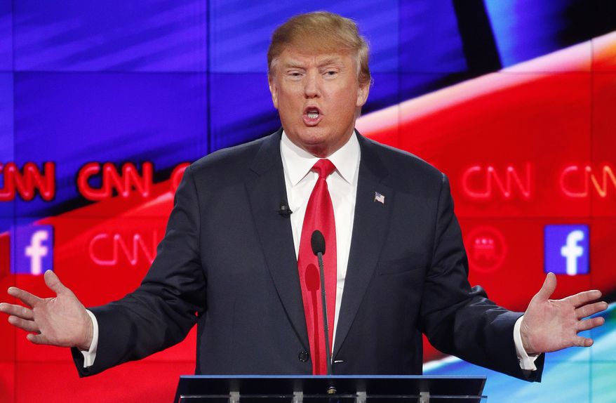 Donald Trump makes a point during the CNN Republican presidential debate at the Venetian Hotel &amp; Casino in Las Vegas, in this Dec. 15, 2015, photo. During the debate, Trump stated that since the extremist Islamic State group is using the Internet to recruit; the tech industry needs to find a way to stop them from doing that. (AP Photo/John Locher, File)