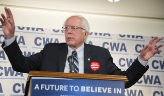 Democratic presidential candidate Sen. Bernie Sanders, I-Vt., speaks to reporters and members of the Communication Workers of America (CWA), following the union&#39;s endorsement of Sanders, Thursday, Dec. 17, 2015, at the CWA&#39;s headquarters in Washington.   (AP Photo/Manuel Balce Ceneta)
