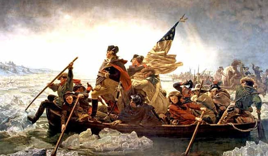 George Washington and troops crossing the icy Delaware River.