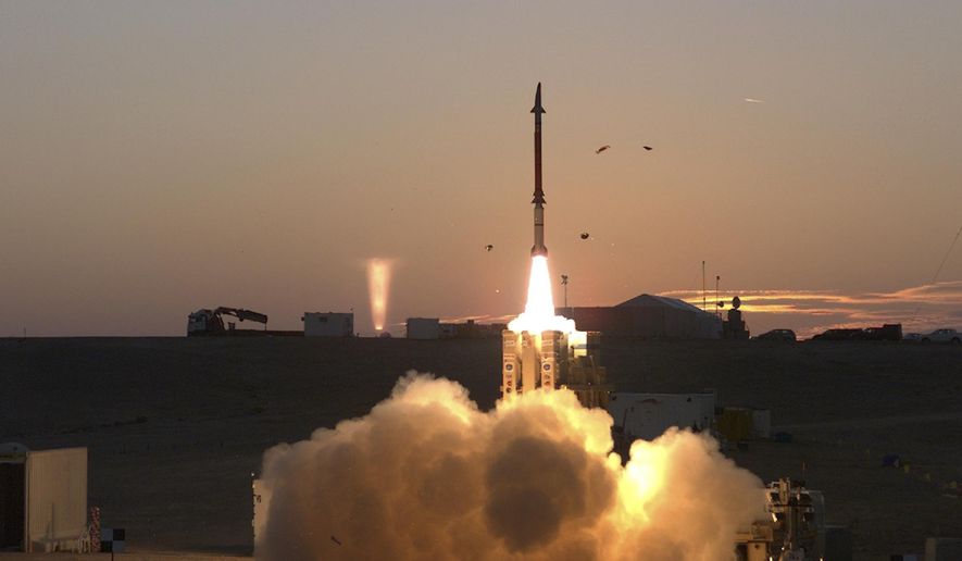 This photograph provided by the Israeli Ministry of Defense on Monday Dec. 21, 2015 shows a launch of David's Sling missile defense system. David's Sling is intended to counter medium-range missiles possessed by enemies throughout the region, most notably the Lebanese Shiite militant group Hezbollah. The system also aims to protect against low-altitude cruise missiles fired from longer distances. (Ministry of Defense via AP)