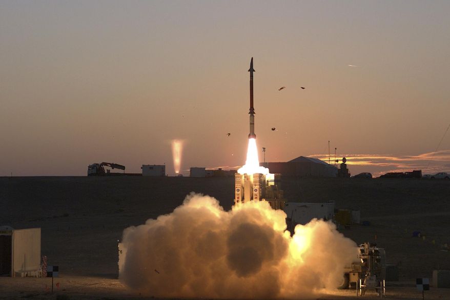 This photograph provided by the Israeli Ministry of Defense on Monday Dec. 21, 2015 shows a launch of David's Sling missile defense system. David's Sling is intended to counter medium-range missiles possessed by enemies throughout the region, most notably the Lebanese Shiite militant group Hezbollah. The system also aims to protect against low-altitude cruise missiles fired from longer distances. (Ministry of Defense via AP)