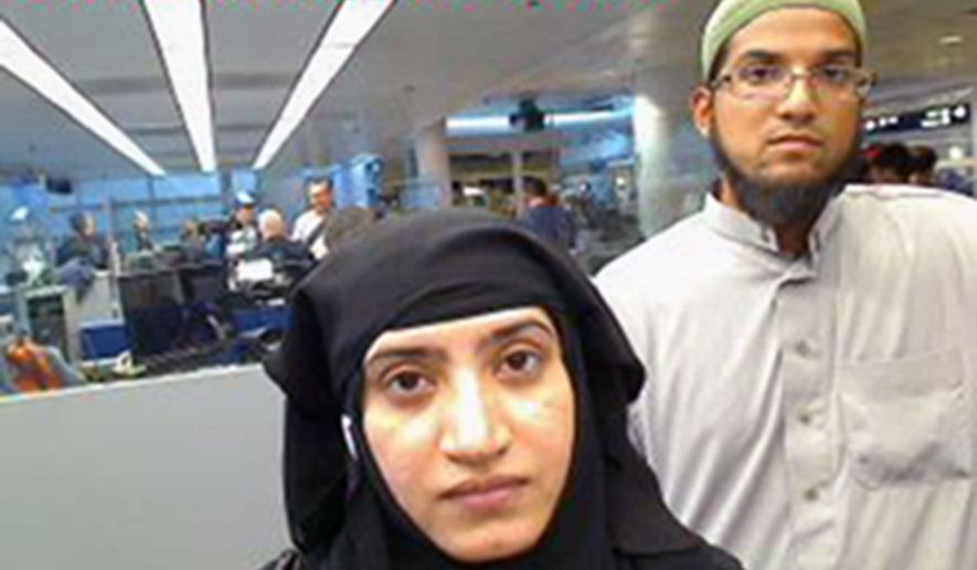 This July 27, 2014, photo provided by U.S. Customs and Border Protection shows Tashfeen Malik, left, and her husband, Syed Farook, as they passed through O&#39;Hare International Airport in Chicago. The attack in San Bernardino, California, that left 14 people dead represented a type of extremist plot law enforcement authorities consider exceedingly difficult to detect: a conspiracy between close family members. (U.S. Customs and Border Protection via AP, File)