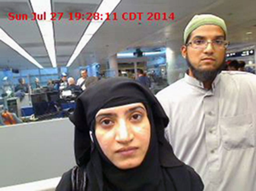 This July 27, 2014, photo provided by U.S. Customs and Border Protection shows Tashfeen Malik, left, and her husband, Syed Farook, as they passed through O&#x27;Hare International Airport in Chicago. The attack in San Bernardino, California, that left 14 people dead represented a type of extremist plot law enforcement authorities consider exceedingly difficult to detect: a conspiracy between close family members. (U.S. Customs and Border Protection via AP, File)