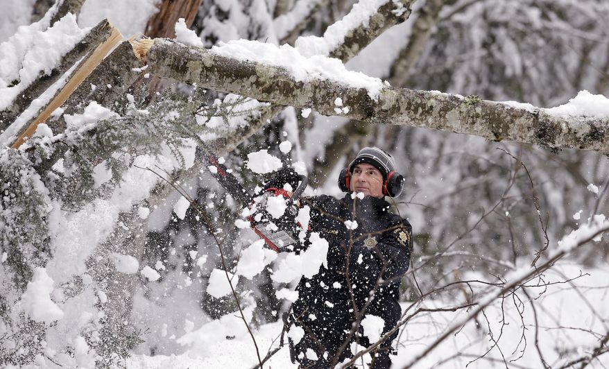 King County Sheriff's Deputy Peter Linde, a member of the county's search and rescue unit, uses a chainsaw to clear a partially fallen tree blocking a road Tuesday, Dec. 22, 2015, at Snoqualmie Pass, Wash. Linde said that a small group of hikers, who were without snowshoes, were in need of assistance in getting out of the area after a heavy overnight snow there. (AP Photo/Elaine Thompson)