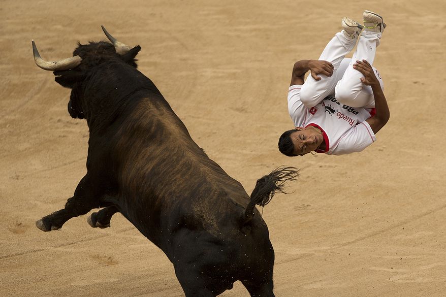 A ''recortador'' jumps over a bull during a competition at the San Fermin festival in Pamplona, Spain, Saturday, July 11, 2015. Revelers from around the world arrive in Pamplona every year to take part in some of the eight days of the running of the bulls. (AP Photo/Andres Kudacki)