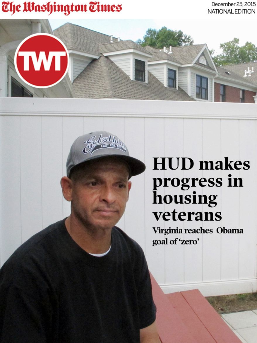 National Edition News cover for December 25, 2015 - HUD makes progress in housing veterans: Luis Vazquez, a 49-year-old Navy veteran who was homeless off and on for 10 years, sits outside his home in a veterans' housing complex Thursday, Aug. 27, 2015, in Newington, Conn. U.S. Veterans Affairs Secretary Robert McDonald and Connecticut officials were at the housing complex Thursday to announce that the state is the first in the country to end chronic homelessness among veterans. (AP Photo/Dave Collins)