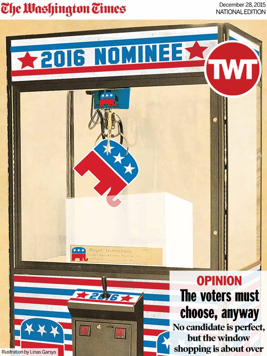 National Edition Opinion cover for December 28, 2015 - The voters must choose, anyway (Illustration by Linas Garsys for The Washington Times)