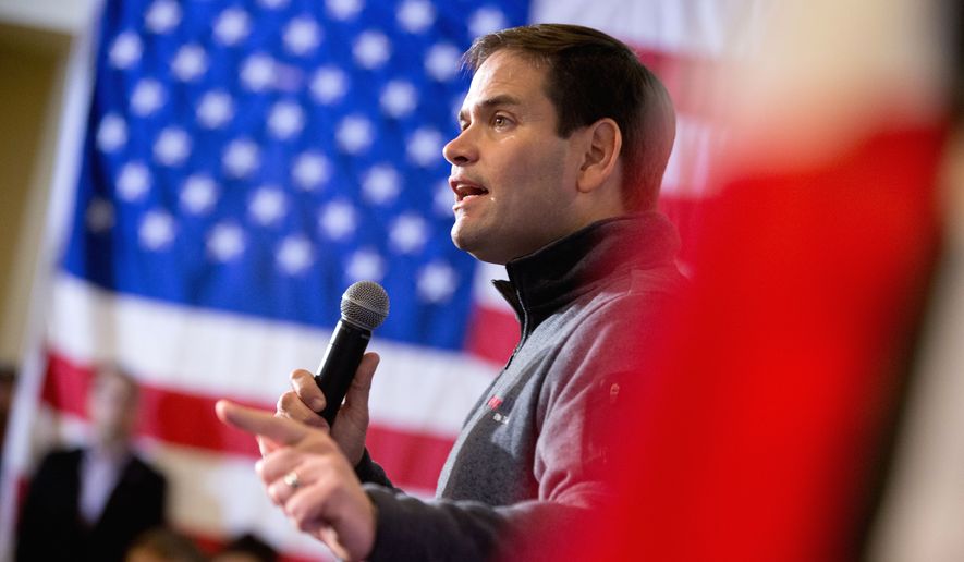 Republican presidential candidate, Sen. Marco Rubio, R-Fla. speaks at Rastrelli&#x27;s Tuscany Special Events Center in Clinton, Iowa, Tuesday, Dec. 29, 2015. (AP Photo/Andrew Harnik)