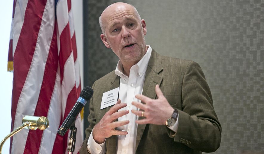 FILE - In this March, 2015 file photo, technology entrepreneur Greg Gianforte speaks during the Business to Business Luncheon in Bozeman, Mont. Religion plays a central role in the life of Gianforte, who is exploring a run for the Republican nomination for Montana governor in 2016, but it’s a topic that the Bozeman entrepreneur and philanthropist declines to speak about at this stage. (Adrian Sanchez-Gonzalez/Bozeman Daily Chronicle via AP, File)