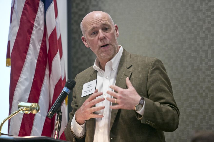 FILE - In this March, 2015 file photo, technology entrepreneur Greg Gianforte speaks during the Business to Business Luncheon in Bozeman, Mont. Religion plays a central role in the life of Gianforte, who is exploring a run for the Republican nomination for Montana governor in 2016, but it’s a topic that the Bozeman entrepreneur and philanthropist declines to speak about at this stage. (Adrian Sanchez-Gonzalez/Bozeman Daily Chronicle via AP, File)