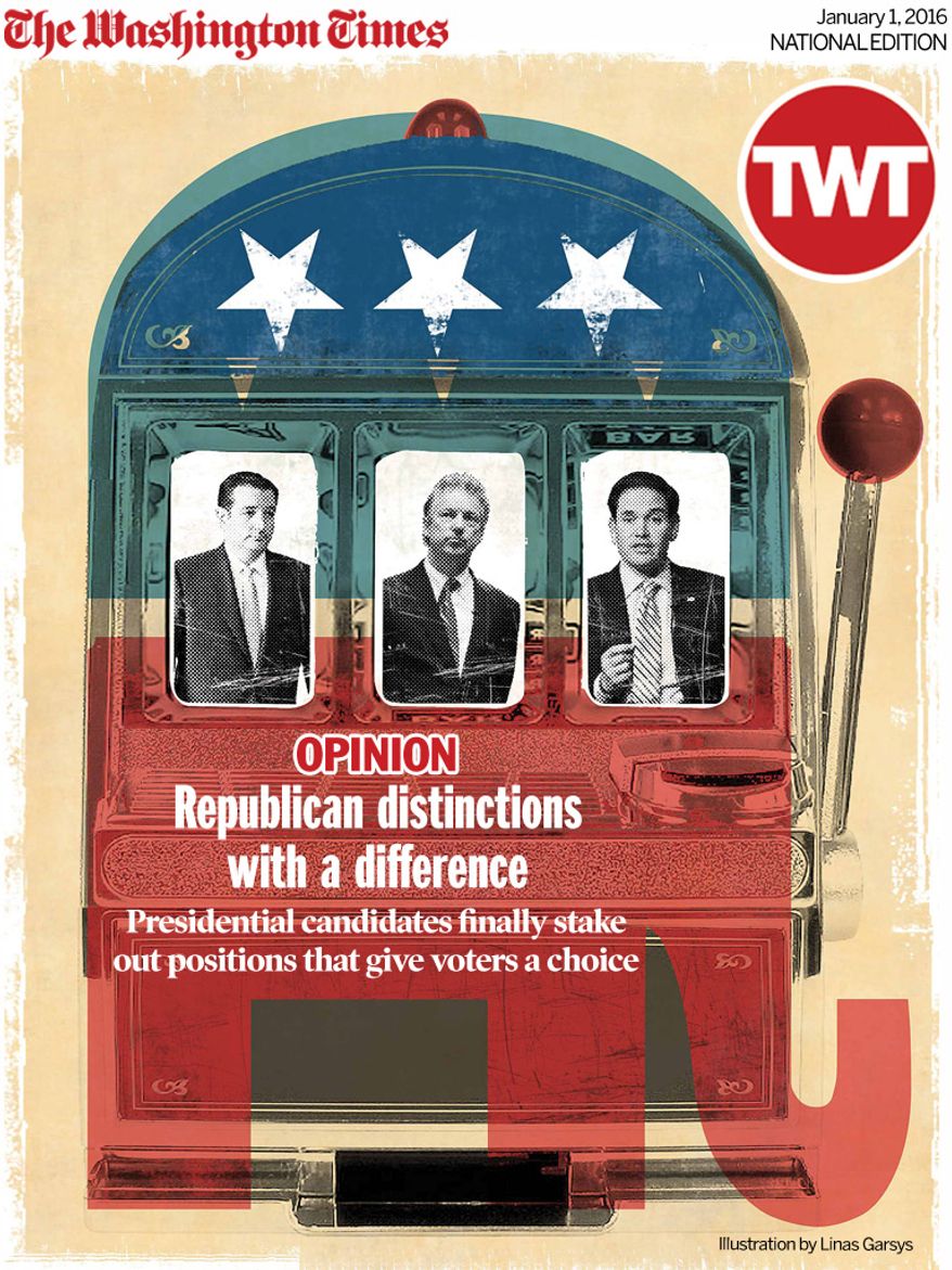 National Edition Opinion cover for January 1, 2016 - Republican distinctions with a difference (Illustration by Linas Garsys for The Washington Times)