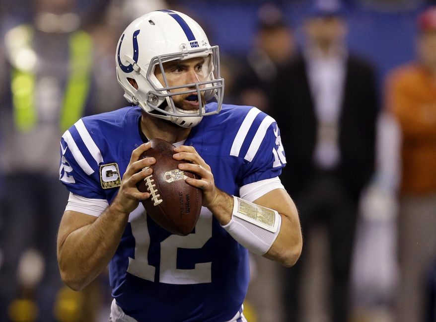 FILE - In this Nov. 8, 2015, file photo, Indianapolis Colts' Andrew Luck (12) looks to throw during the second half of an NFL football game against the Denver Broncos in Indianapolis. Owners will tread lightly with running backs after the rash of injuries in 2015 and predictably overlook players who had down years like Andrew Luck. (AP Photo/Michael Conroy, File)