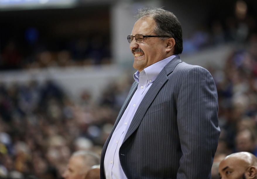 Detroit Pistons coach Stan Van Gundy reacts to an official's call during the first half of the Pistons' NBA basketball game against the Indiana Pacers, Saturday, Jan. 2, 2016, in Indianapolis. Van Gundy was ejected for arguing late in the second half. Indiana won 94-82. (AP Photo/R Brent Smith)