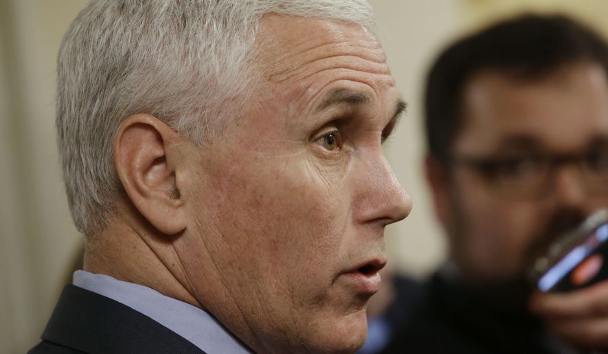 FILE - In this file photo taken on Wednesday, April 29, 2015, Indiana Gov. Mike Pence speaks with the media after emerging from Speaker of the House Brian Bosma's, R-Indianapolis, office on the final day of the 2015 legislative session at the Statehouse in Indianapolis. Republicans control the governor’s office and hold supermajorities in both chambers of the Indiana General Assembly. But their lack of consensus on several issues looms large as lawmakers ready for the 2016 legislative session, which kicks off Tuesday, Jan. 5, 2016. (AP Photo/AJ Mast, File)