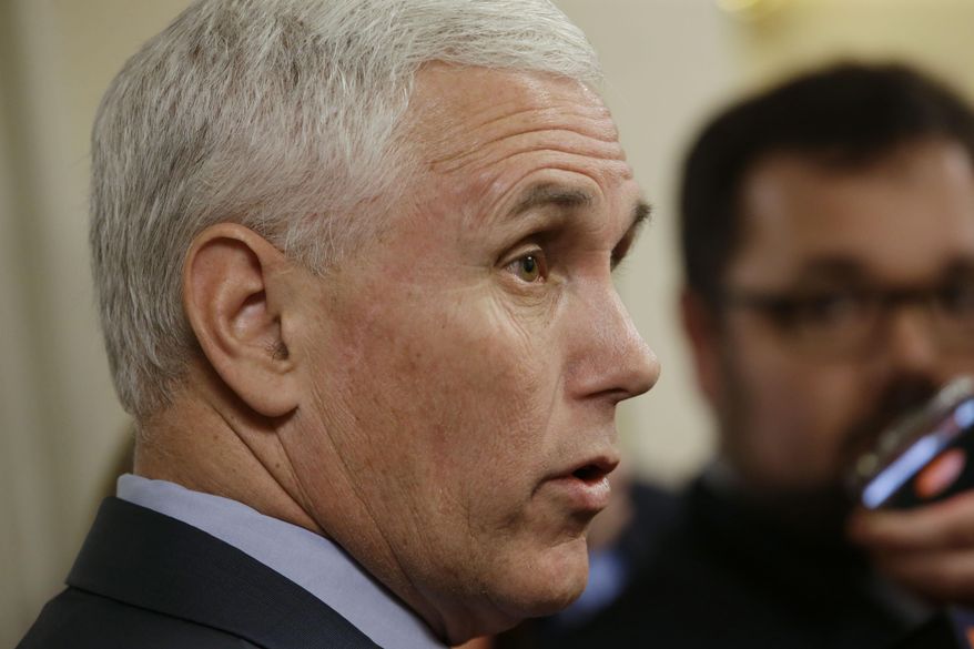 FILE - In this file photo taken on Wednesday, April 29, 2015, Indiana Gov. Mike Pence speaks with the media after emerging from Speaker of the House Brian Bosma's, R-Indianapolis, office on the final day of the 2015 legislative session at the Statehouse in Indianapolis. Republicans control the governor’s office and hold supermajorities in both chambers of the Indiana General Assembly. But their lack of consensus on several issues looms large as lawmakers ready for the 2016 legislative session, which kicks off Tuesday, Jan. 5, 2016. (AP Photo/AJ Mast, File)