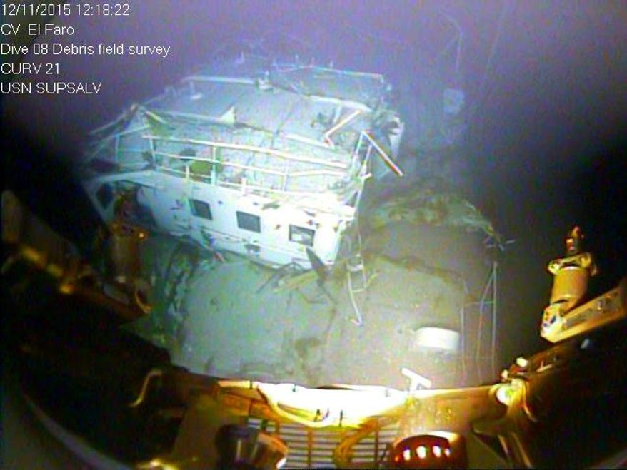 In this photograph released by the National Transportation Safety Board on Sunday, Jan. 3, 2016, the detached navigation bridge of the sunken freighter El Faro is seen on the sea floor, 15,000-feet deep near the Bahamas. The freighter sunk on Oct. 1, 2015, after losing engine power and getting caught in a Category 4 hurricane. All 33 crew members aboard were lost at sea. Federal investigators are considering launching another search of the wreckage of a freighter. (National Transportation Safety Board via AP) ** FILE **