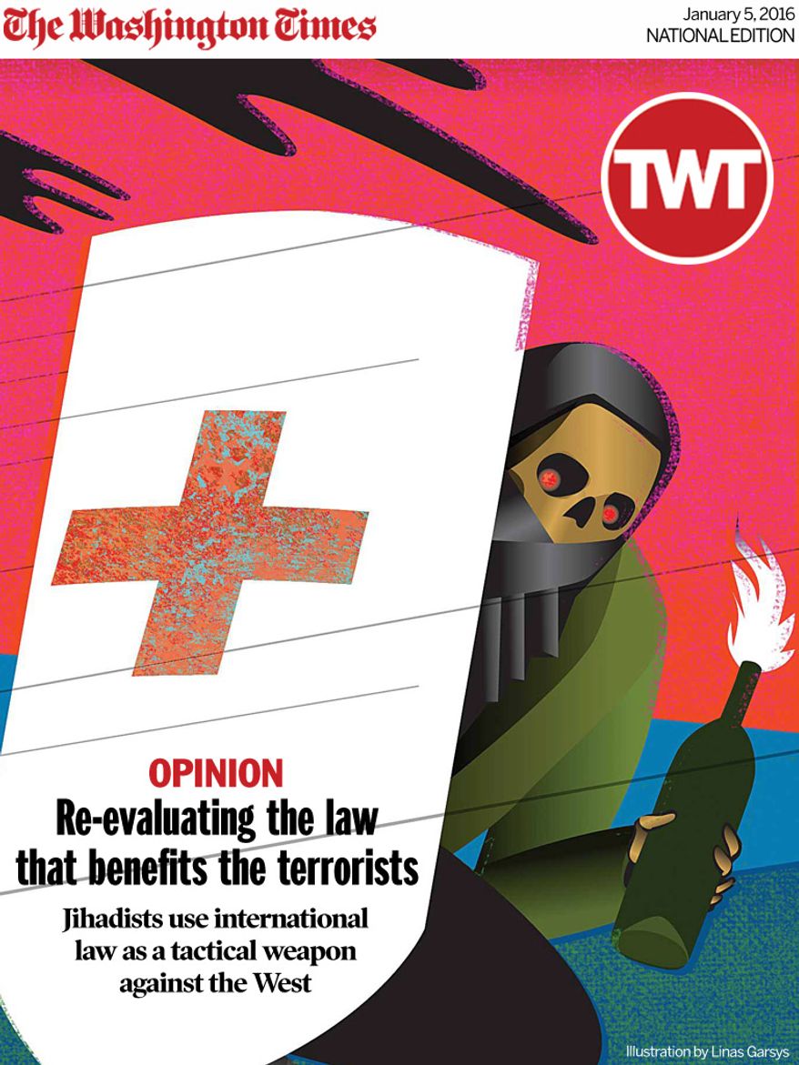 National Edition Opinion cover for January 5, 2016 - Re-evaluating the law that benefits the terrorists (Illustration by Linas Garsys for The Washington Times)