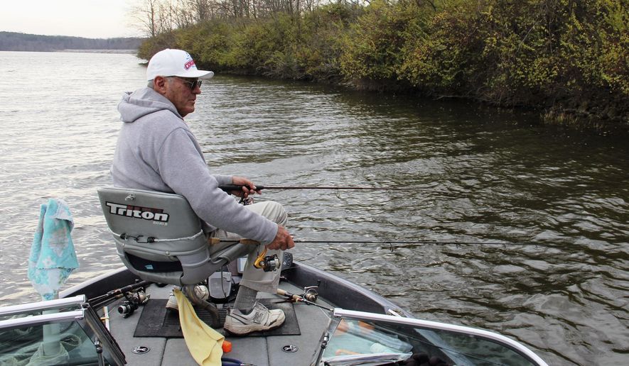 In this Dec. 10, 2015 photo, Dave Henson uses a two-handed approach to catching crappie on Crab Orchard Lake near Carterville, Ill. Although many anglers have mothballed their rods and reels for the season, Henson continues to mine for Crab Orchard crappie on a regular basis. (Les Winkeler/The Southern via AP) MANDATORY CREDIT