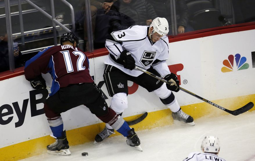 Colorado Avalanche right wing Jarome Iginla, left, battles for control of a loose puck with Los Angeles Kings defenseman Brayden McNabb in the first period of an NHL hockey game, Monday, Jan. 4, 2016, in Denver. (AP Photo/David Zalubowski)